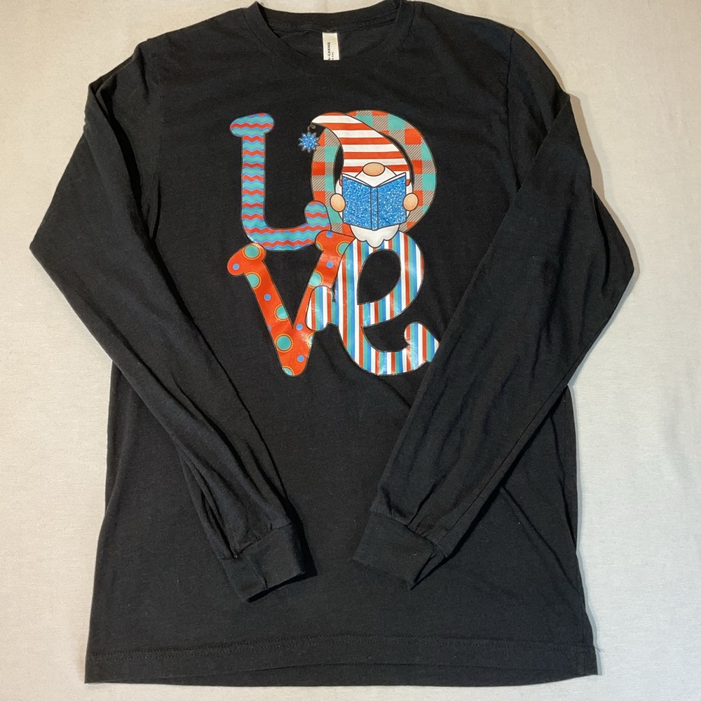 Bella+Canvas Black Long Sleeve T-Shirt, Size M, Christmas Love Gnome Holiday